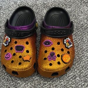 CROCS Glitter Orange with Purple Trim Halloween Jibbitz Clogs
